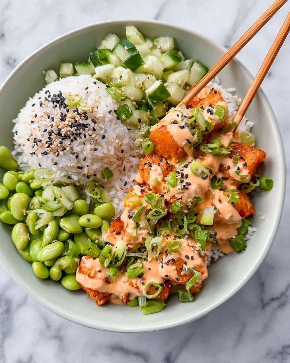 The image shows a white bowl filled with four main layers: on the left is a mound of white rice sprinkled with black sesame seeds and chopped green onions; next to it on the top right are small diced green cucumbers mixed with a light creamy orange sauce; below the cucumbers are green edamame beans with the same creamy sauce and sprinkled with black sesame seeds; covering the bottom right is a layer of orange glazed salmon pieces topped with more green onion slices and creamy sauce, held by chopsticks. The bowl sits on a white marbled surface. photo taken with an iphone --ar 4:5 --v 7