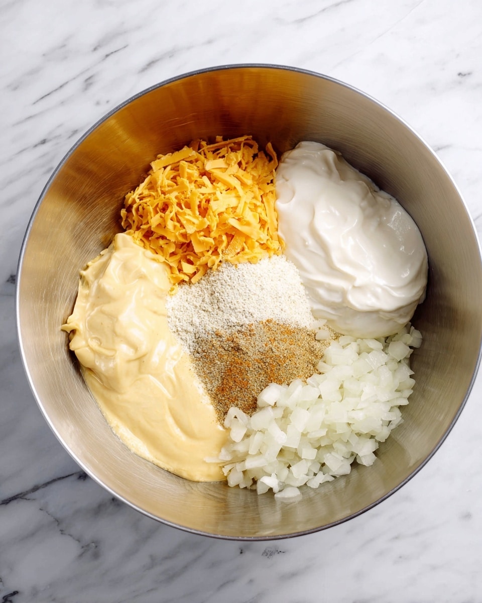 A metal bowl on a white marbled surface holds five separate layers of ingredients. The top right layer is smooth and white with a creamy texture, next to it, on the bottom right, is a pile of small, white chopped onion pieces. The bottom left has a thick, pale yellow sauce with a shiny texture. The top left layer is bright orange shredded cheese. In the center, there is a mix of fine powdery white and light brown spices spread evenly. Photo taken with an iphone --ar 4:5 --v 7