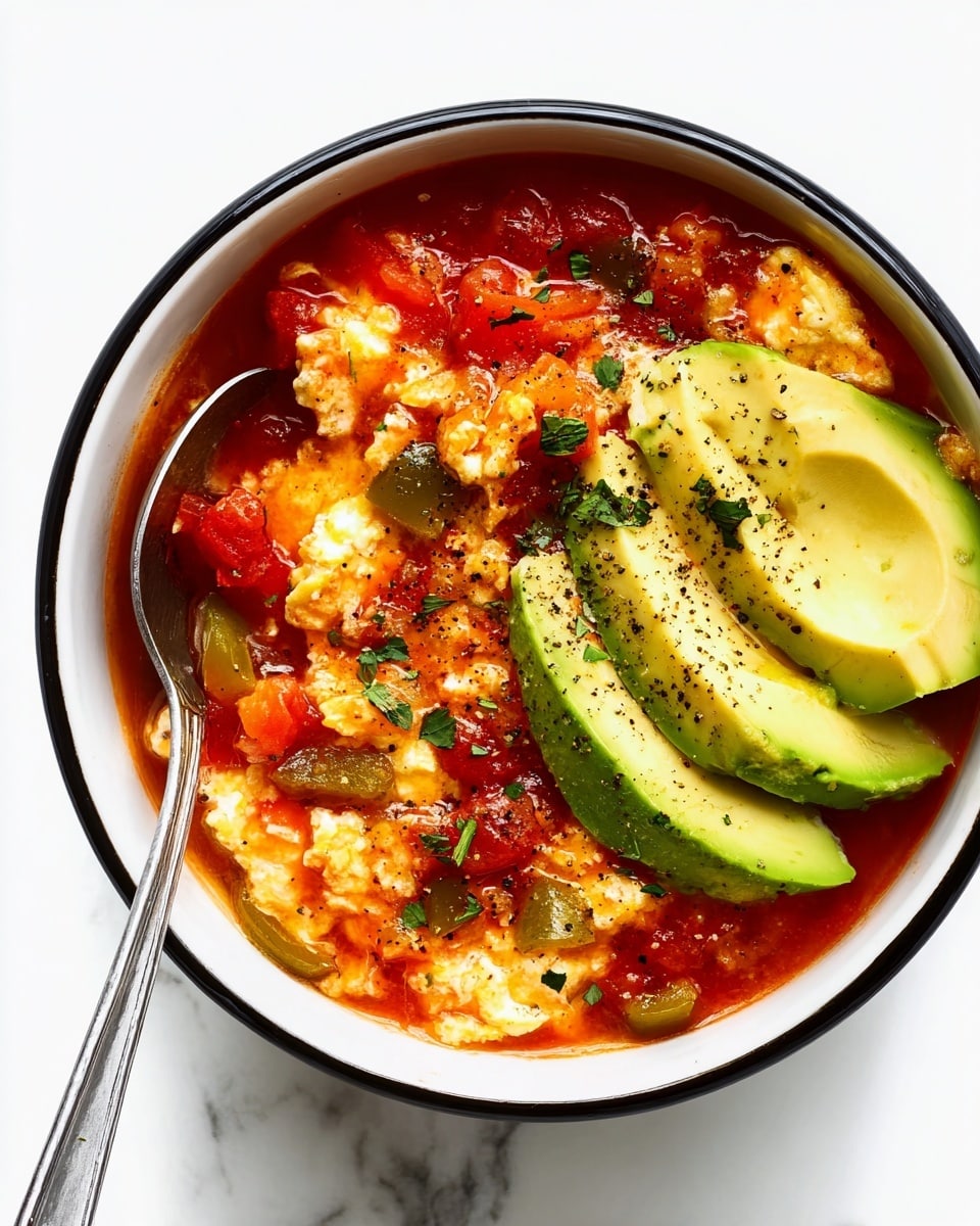 A white bowl with a black rim holds a thick stew that fills the bowl nearly to the top. The stew has visible layers of red tomato sauce, chunks of green bell pepper, and soft scrambled eggs mixed in. On top, three slices of creamy green avocado are neatly placed on one side. A few small green herbs are sprinkled delicately over the dish, along with a dash of black pepper for texture. A shiny silver spoon rests inside the bowl on the left side. The bowl sits on a white marbled surface. Photo taken with an iphone --ar 4:5 --v 7