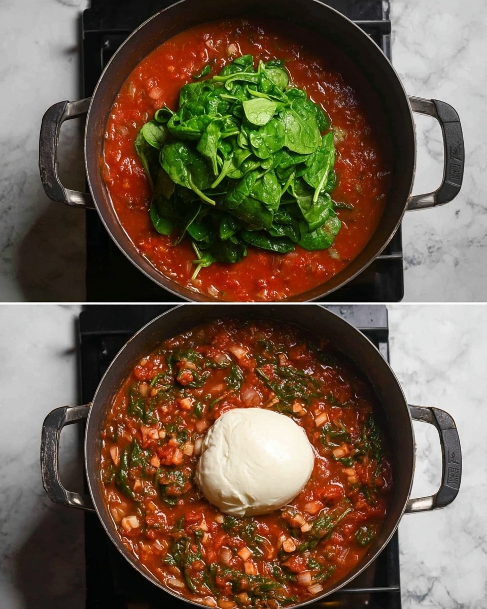 The first image shows a black pot filled with bright red tomato sauce with small pieces of onions and other vegetables, topped with a fresh, bright green pile of spinach leaves stacked in the center. In the second image, the spinach is mixed into the tomato sauce, making it look darker and more textured with small vegetable pieces throughout. A large, white ball of soft cheese sits on top in the center of the pot. Both images show the pot on a dark stove with a white marbled surface around it. photo taken with an iphone --ar 4:5 --v 7