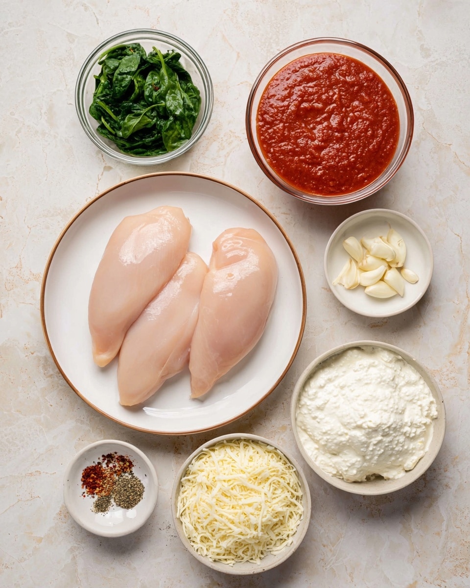 The image shows raw chicken breasts placed on a large white plate with a thin brown rim, positioned in the center of a white marbled surface. Around the plate, there are six small bowls arranged neatly: at the top right is a clear glass bowl filled with smooth red tomato sauce;Below it is a white bowl filled with soft white ricotta cheese. Under the ricotta bowl is a white bowl with finely shredded pale yellow cheese. To the left of the shredded cheese bowl is a small white plate with mixed dried spices, including black pepper, red chili flakes, salt, and dried herbs. Above this spice plate is a small white bowl filled with chopped green leafy spinach. Finally, at the far left side is a small white bowl with minced garlic. The ingredients are evenly spaced and presented clearly on the white marbled surface, making each item's color and texture stand out. photo taken with an iphone --ar 4:5 --v 7