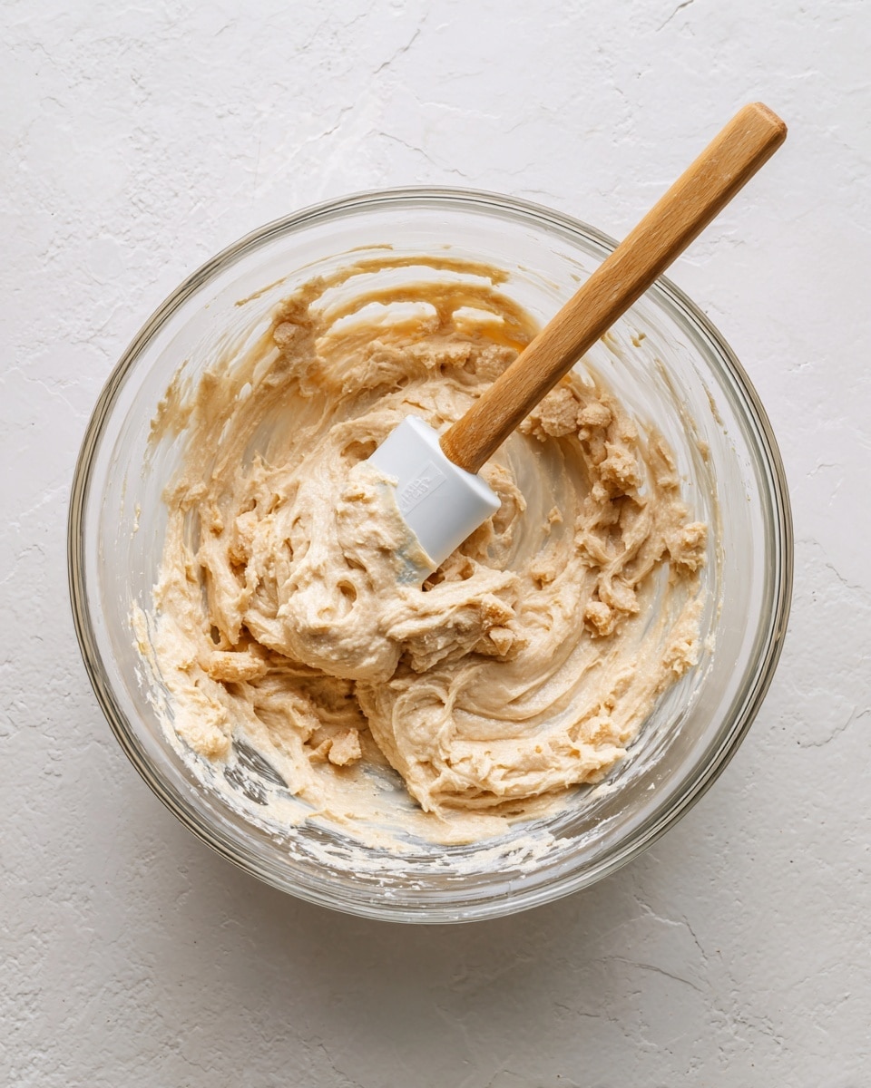 The image shows a clear glass bowl containing a creamy beige batter with small chunks of light brown mixed in. A white spatula with a wooden handle rests inside the bowl, slightly covered in the batter. The bowl is placed on a white marbled surface, and the texture of the batter looks smooth yet thick. The spatula’s position suggests it has just been used to mix the contents. photo taken with an iphone --ar 4:5 --v 7