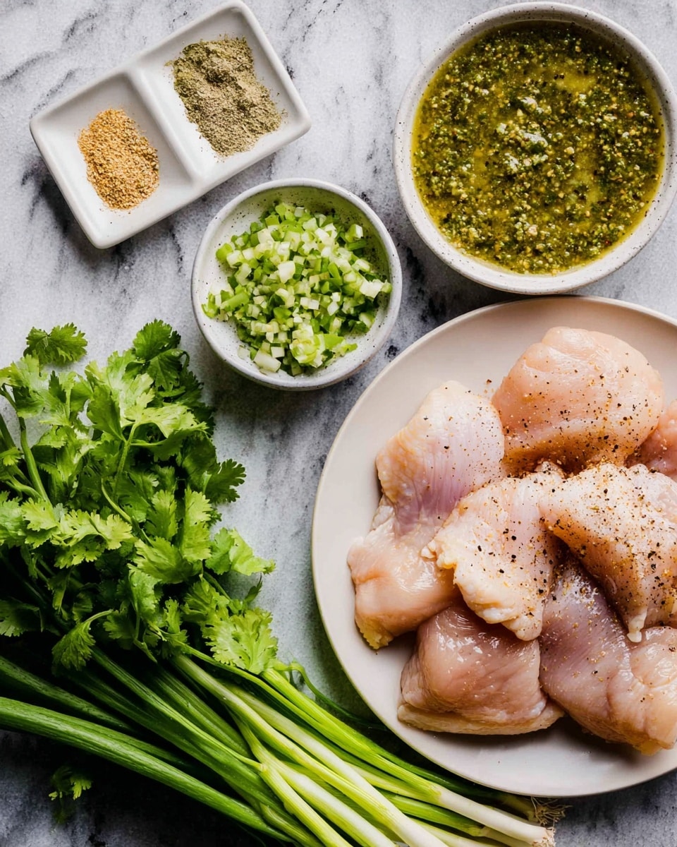 A white plate holds several raw chicken pieces lightly sprinkled with black pepper, arranged loosely to cover most of the plate. Nearby, to the right, there is a small white bowl filled with a mix of chopped green chili and minced garlic. Above it is a larger white bowl filled with green salsa or sauce that has a slightly chunky texture. To the left of the bowl with chili and garlic, a small white dish contains dried herbs and spices in separate piles: green leaves, light brown powder, and beige granules. Fresh green cilantro with long stems and a bunch of fresh green onions with whitish bases lie below the dishes, all placed on a surface with a white marbled look. Photo taken with an iphone --ar 4:5 --v 7