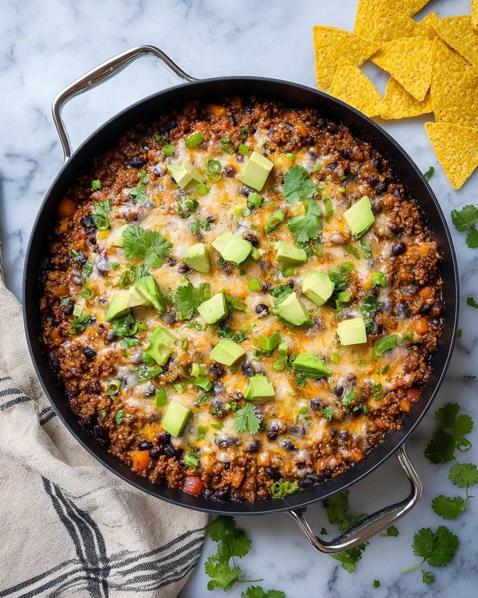 A black pan filled with three layers: the bottom layer is cooked ground meat mixed with black beans and small orange vegetable chunks, the middle layer is melted light yellow cheese covering the meat mixture unevenly, and the top layer has scattered small green onion rings, bright green cubed avocado pieces, and fresh cilantro leaves. The pan is on a white marbled surface with a beige cloth with black stripes under one handle. Yellow tortilla chips rest on the top right side of the pan, and small cilantro leaves are scattered around. photo taken with an iphone --ar 4:5 --v 7