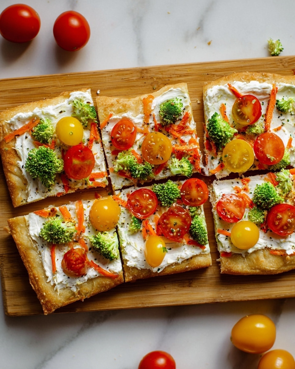 A square flatbread is divided into six even pieces on a wooden board, each piece topped with a thick layer of white creamy spread. On top of the spread, there are small pieces of green broccoli florets, thin orange carrot strips, and colorful halved cherry tomatoes in red and yellow, arranged unevenly but covering the surface mostly. The flatbread crust is golden brown and slightly crisp looking, and the wooden board beneath shows its natural grain texture. The whole setting is on a white marbled surface with a few whole tomatoes placed nearby. Photo taken with an iphone --ar 4:5 --v 7