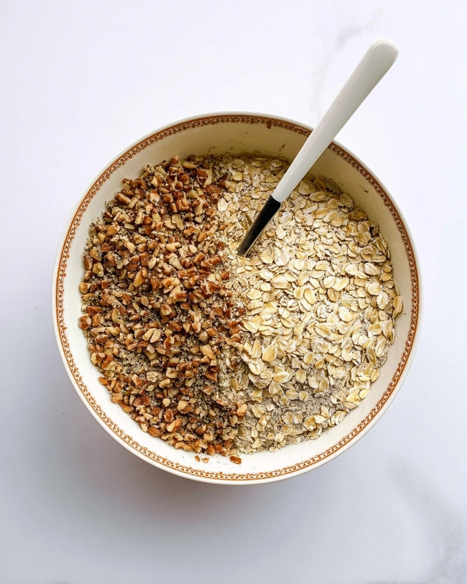 The image shows a white bowl with a decorative brown rim placed on a white marbled surface. Inside the bowl, there are two main layers: on the left side, a thick layer of small brown nut pieces, and on the right side, a layer of pale beige rolled oats. A white and black handled spoon is placed inside the bowl, resting on the layer of oats. The bowl has a bit of brown spread on the inner sides near the rim. Photo taken with an iphone --ar 4:5 --v 7