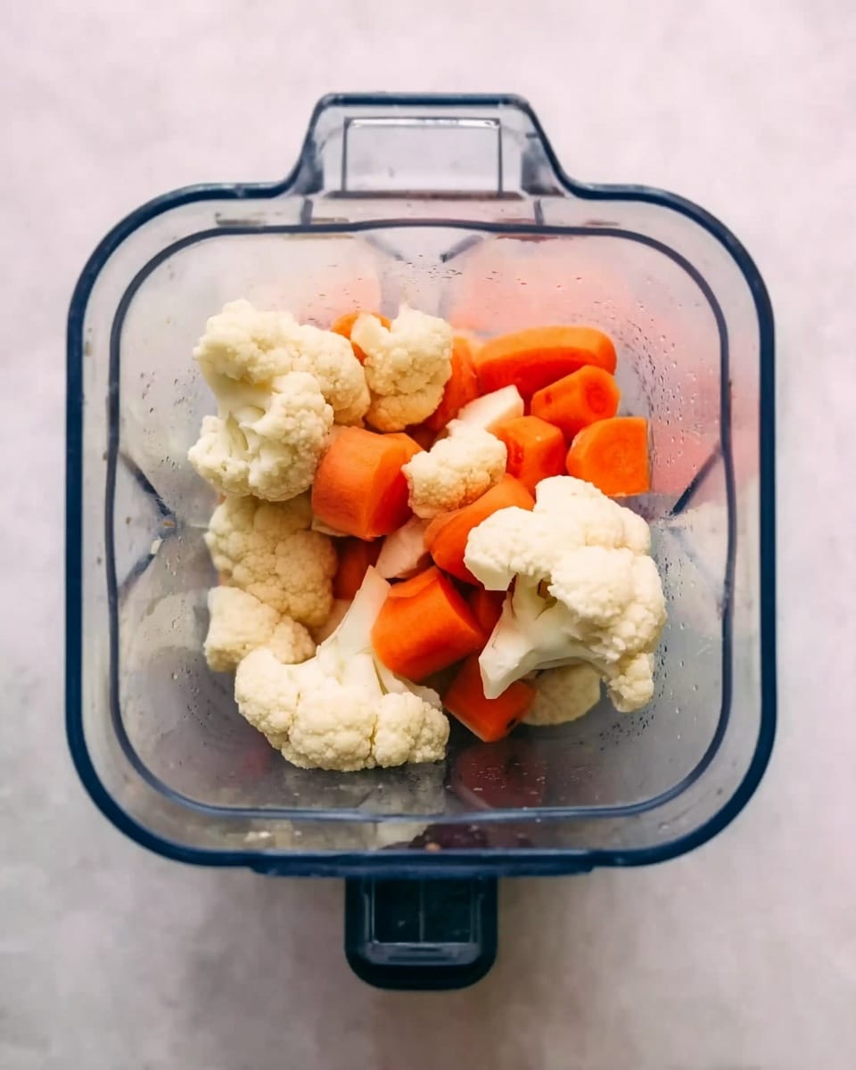 The image shows pieces of cauliflower and carrot inside a clear blender container. There are about eight cauliflower florets, white with a slightly rough texture, layered among bright orange chunks of carrot, which are smooth and shaped like small irregular rounds. The cauliflower and carrot pieces fill roughly half of the blender’s clear square top-down view. The base surface beneath the blender is a white marbled texture. photo taken with an iphone --ar 4:5 --v 7