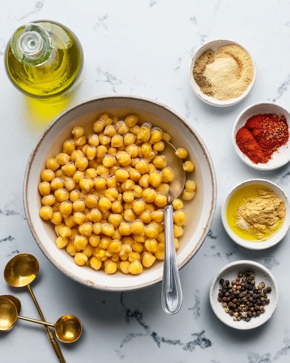 A white bowl filled with yellow chickpeas submerged in clear water, with a silver spoon resting inside the bowl on the right side. Around it, there are four small white bowls each holding different ingredients: one with light yellow powder, one with red and brown spices, one with black and white pepper, and one with yellow oil. To the top left, there is a transparent bottle filled with light green olive oil. Below the bowls, there are two small golden measuring spoons on a white marbled surface. photo taken with an iphone --ar 4:5 --v 7