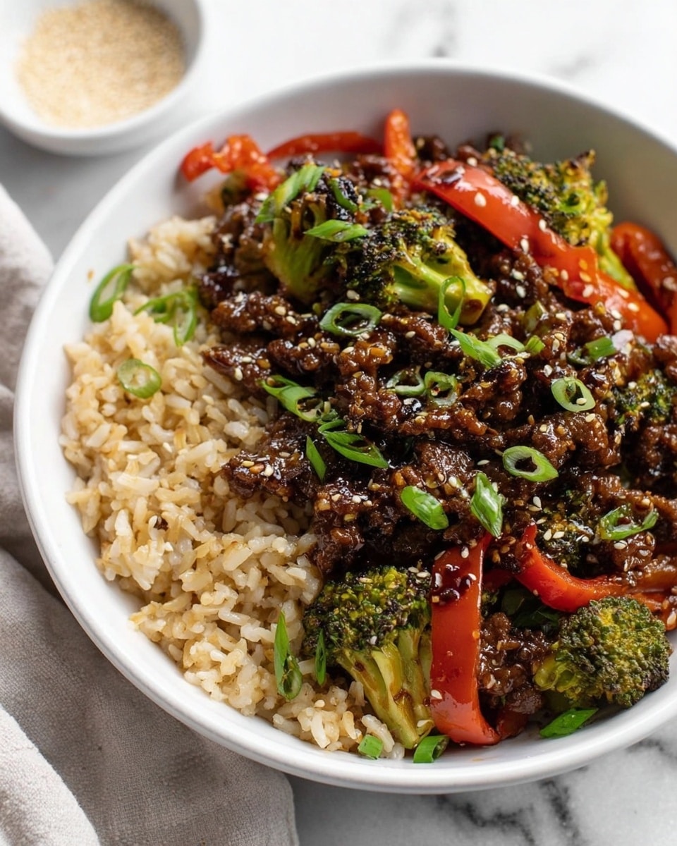 A white bowl filled with three main layers: the base layer is light brown cooked rice with separated grains; the middle layer is cooked red bell pepper strips and green broccoli florets with slightly charred edges; the top layer is dark brown ground meat coated in a shiny sauce, sprinkled with white sesame seeds and small green chopped onions, all sitting on a white marbled surface with a small white bowl of sesame seeds blurred in the background. Photo taken with an iphone --ar 4:5 --v 7