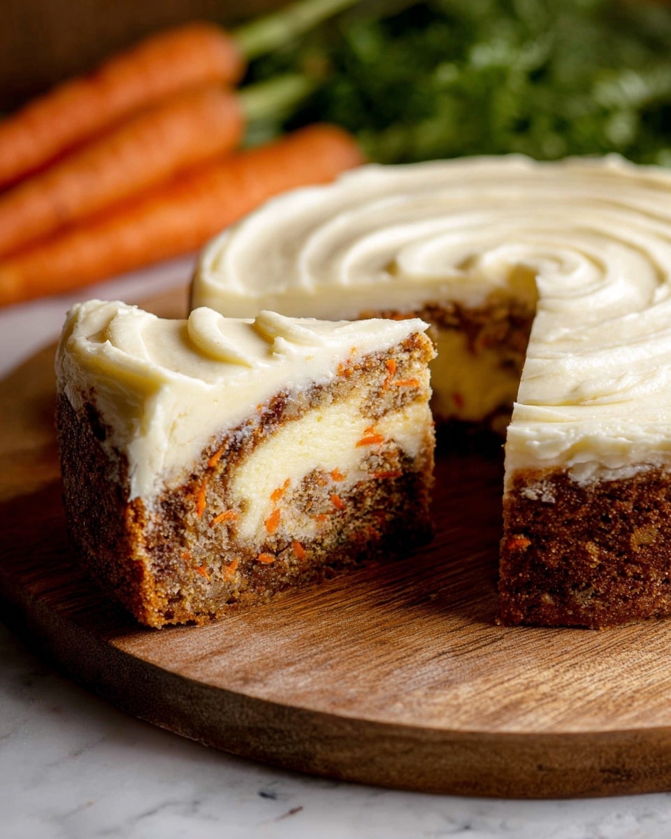 A slice of carrot cake cheesecake is shown close-up, resting on a flat metal spatula. The cake has three clear layers: the bottom and middle layers are a brown carrot cake with visible small orange carrot bits and a moist texture; the middle layer includes a creamy, pale yellow cheesecake swirling through the cake. The top layer is a thick, smooth white cream cheese frosting spread evenly over the cake. In the blurred background, the rest of the cake is visible, showing the same layers and creamy frosting. The cake sits on a wooden surface with some green carrot tops and orange carrots softly blurred in the foreground and background, all on a white marbled texture surface. photo taken with an iphone --ar 4:5 --v 7