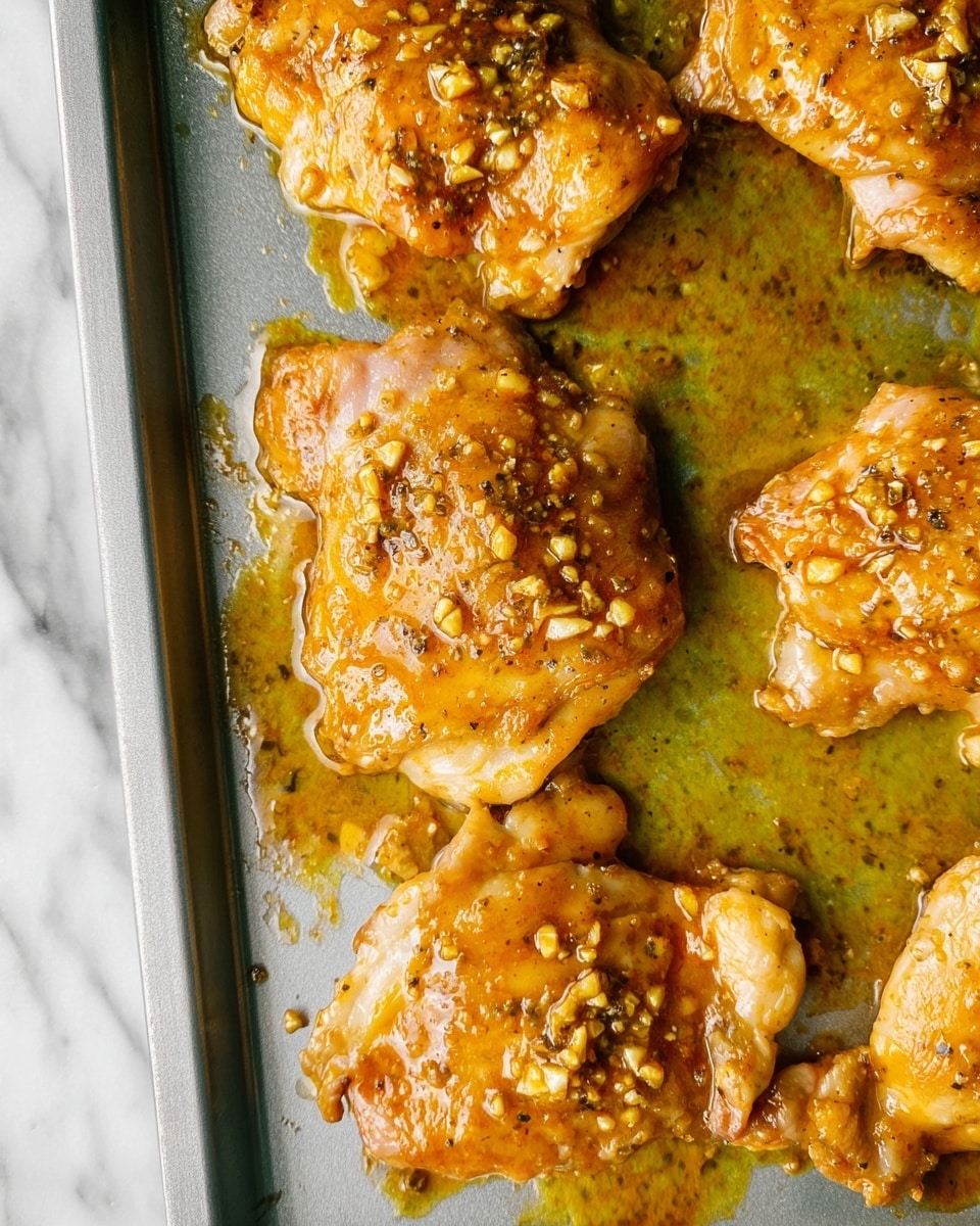 The image shows a baking tray with five pieces of cooked chicken thighs. Each piece is covered with a shiny, golden-brown sauce that has small chunks of garlic and black pepper spread on top. The sauce has a slightly oily texture and pools around the bottom edges of the chicken. The chicken pieces vary in size and have a moist, tender look with some browned areas. The tray is placed on a white marbled surface. Photo taken with an iphone --ar 4:5 --v 7