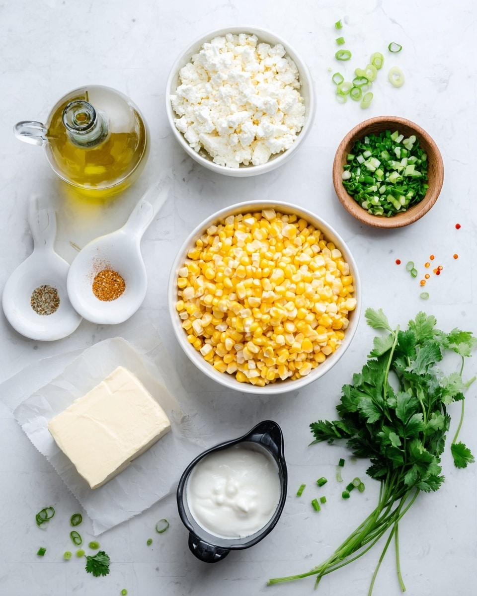 The image shows a top view of ingredients arranged on a white marbled surface. In the center is a white bowl filled with bright yellow corn kernels. Above it, there is a white bowl with crumbled white cheese and to its right, a small round wooden bowl with chopped green cilantro. To the right of the cilantro is a small white bowl with chopped green onions. Below and to the left of the cheese bowl are two white measuring spoons, one with a spice mix and the other partially out of frame. To the lower left of the corn bowl is a half block of cream cheese on the surface, next to a black measuring cup filled with white sour cream. On the left side of the image is a clear glass bottle filled with golden olive oil. Scattered around are some loose cilantro leaves and a few colorful spices, adding detail to the clean layout. photo taken with an iphone --ar 4:5 --v 7