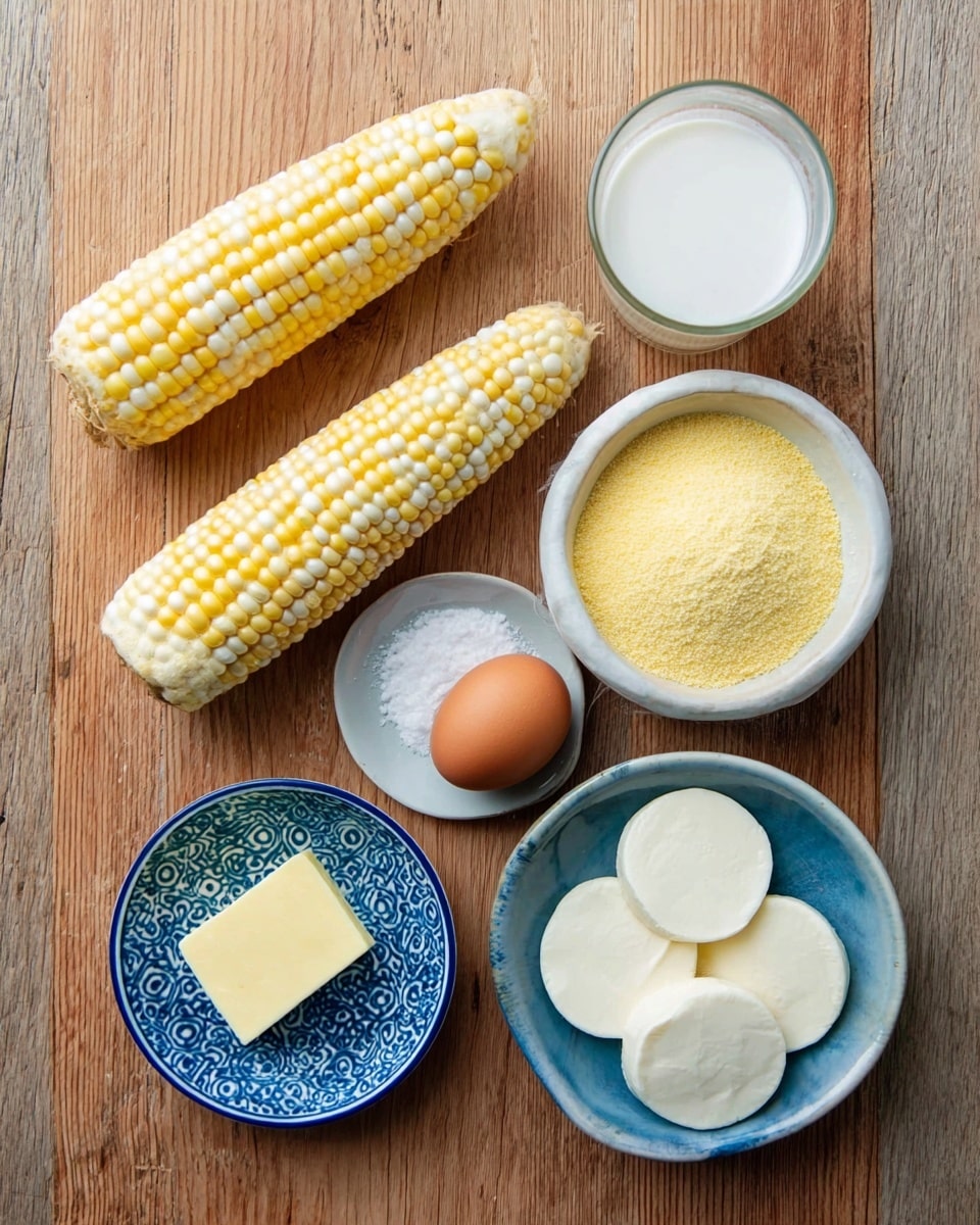 The image shows cooking ingredients arranged on a wooden surface, including two ears of corn with yellow and white kernels at the top left, a small clear glass with white liquid next to a white bowl filled with yellow cornmeal to the right. Below, there is a blue and white small plate with two piles of white salt, one larger and one smaller, beside a brown egg. At the bottom, a small patterned blue bowl holds a pat of light yellow butter, and next to it, a white bowl contains five round white discs of cheese. photo taken with an iphone --ar 4:5 --v 7
