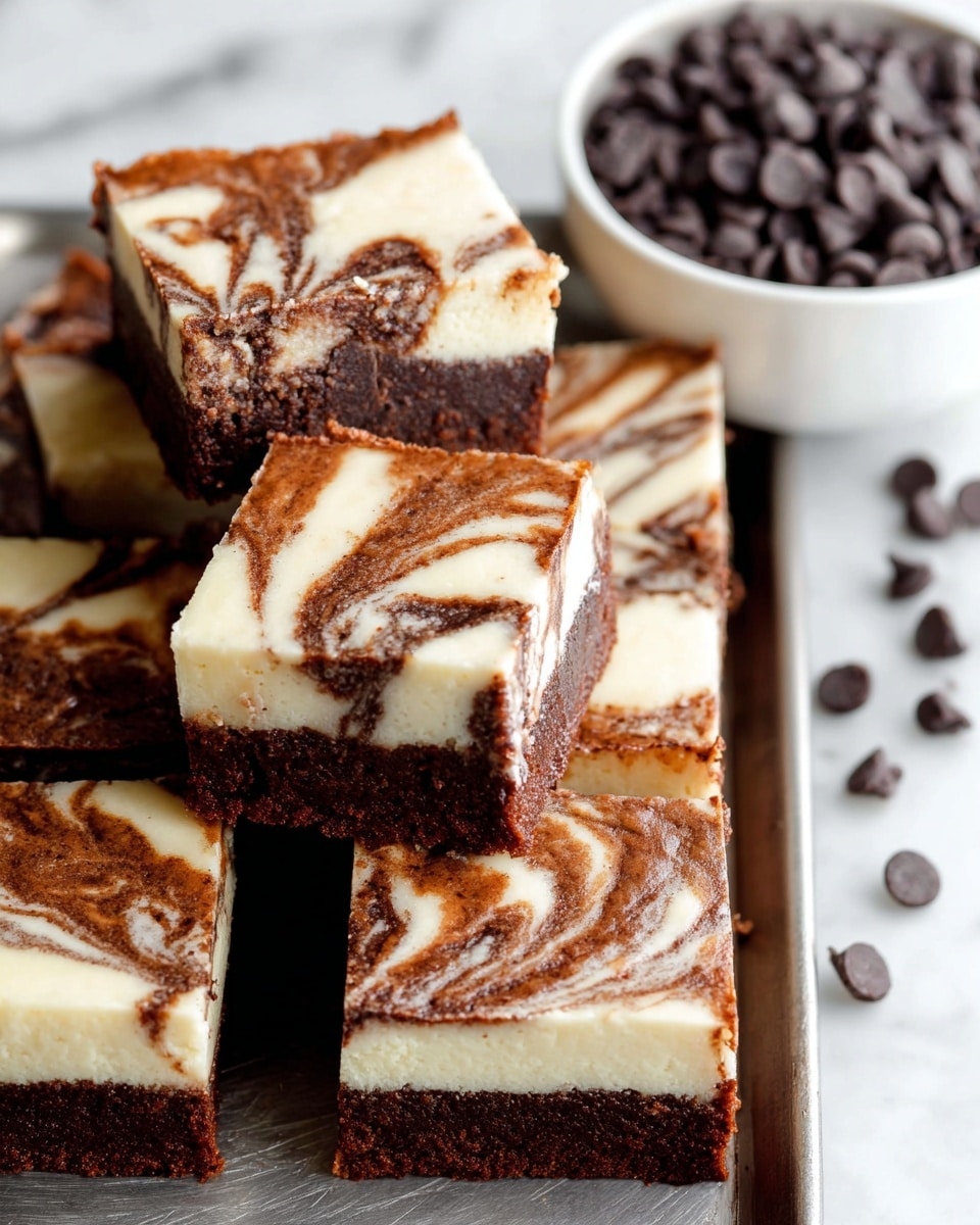 The image shows several pieces of a two-layer dessert bar placed on a silver tray over a white marbled surface. Each bar has a thick, dark brown bottom layer with a dense and rich texture. The top layer is creamy white with swirling patterns of the dark brown layer mixed in, creating a marbled look. The bars are cut into small squares, neatly arranged in the center of the tray. To the right, there is a white bowl filled with small, dark chocolate chips. Photo taken with an iphone --ar 4:5 --v 7