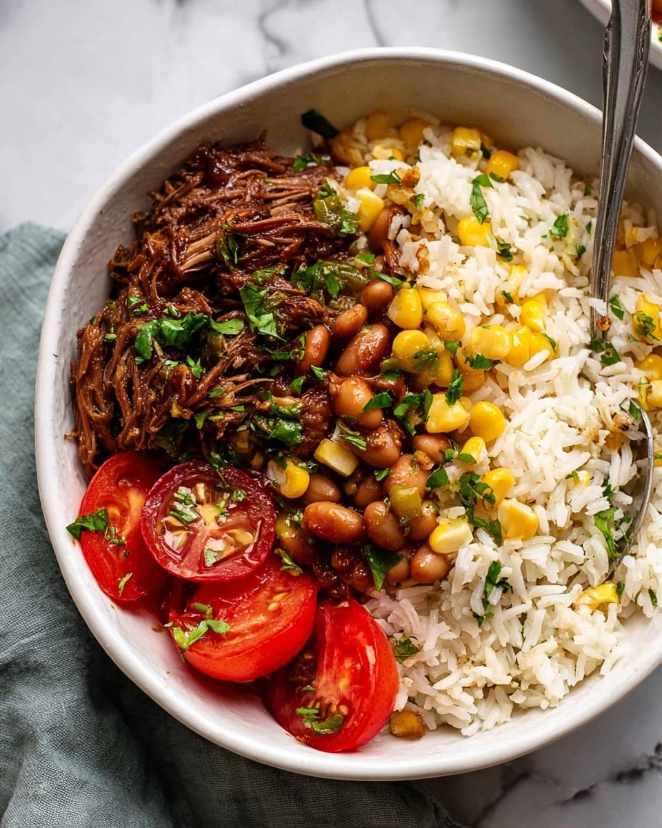 This white bowl holds a colorful dish with three main layers. On one side, there is a generous serving of white rice mixed with yellow corn kernels and small green herbs, giving it a fresh look. Next to the rice, in the center, there is a layer of dark brown shredded meat mixed with light brown beans, topped with chopped green herbs. On the other side of the bowl, there are bright red tomato slices with some green herb sprinkles. A silver spoon rests in the bowl near the rice and meat. The bowl is placed on a white marbled surface with a soft gray cloth partially visible under it. photo taken with an iphone --ar 4:5 --v 7