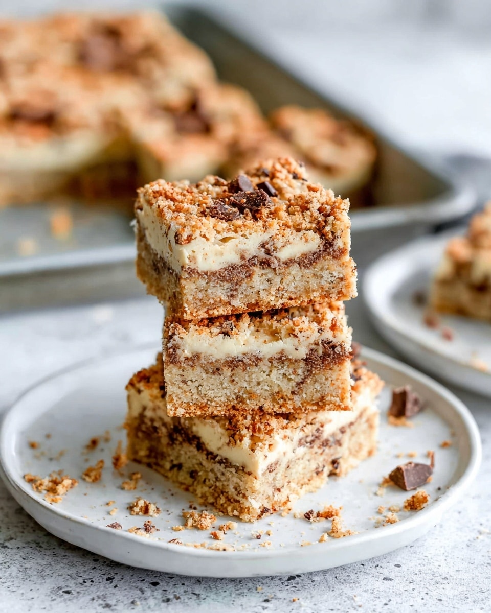 The image shows a stack of three square bars on a white plate placed on a white marbled surface. Each bar has three visible layers: a crumbly, golden-brown base; a middle layer with a slightly softer and lighter brown color, and a top layer that is light beige with small chunks of darker chocolate and crunchy bits scattered over it. More bars lie blurred in the background on a metal tray, with some crumbs scattered around. The texture looks crunchy on top and soft in the middle, and the lighting highlights the rough, crumbly surface of the bars clearly. Photo taken with an iphone --ar 4:5 --v 7