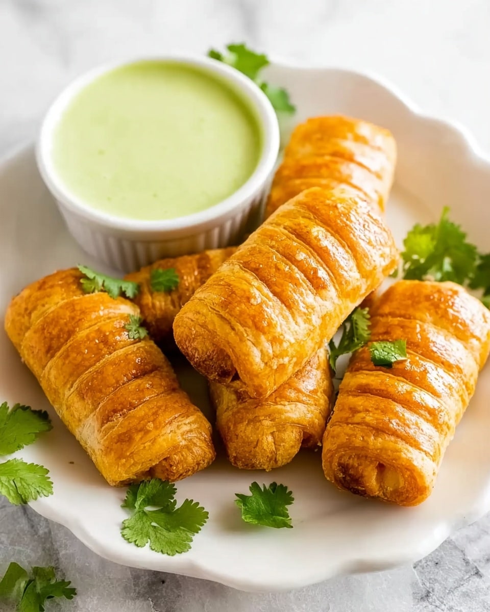 The image shows five golden brown pastry rolls placed on a white plate with soft curves. Each roll has a shiny, flaky texture with light brown lines wrapping around them, showing layers of baked dough. Bright green cilantro leaves are scattered over and around the rolls, adding a fresh pop of color. To the left side of the plate, there is a small white bowl filled with a smooth light green sauce. The plate sits on a white marbled surface that brightens the whole image. photo taken with an iphone --ar 4:5 --v 7