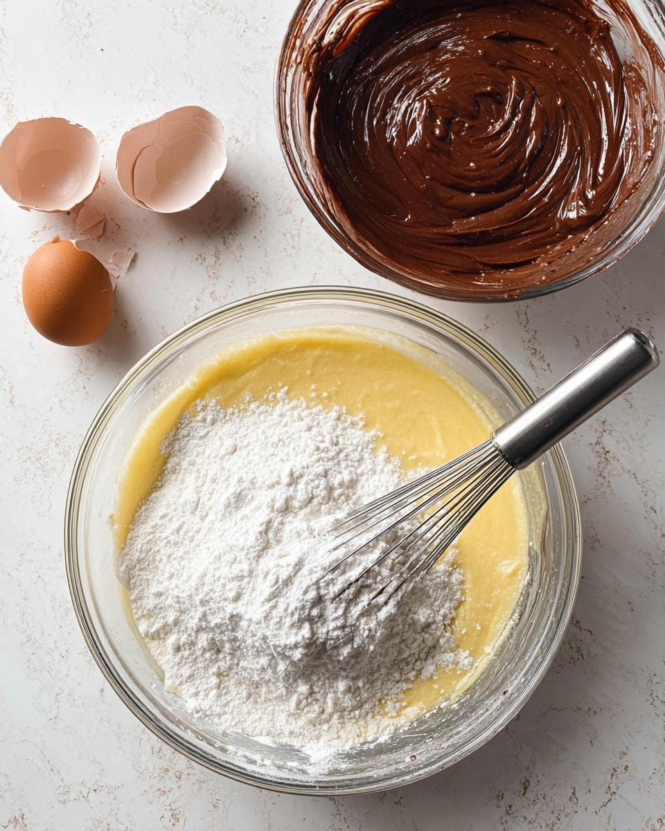 The image shows two clear glass bowls on a white marbled surface. The bottom bowl holds a yellow, smooth batter with a large amount of white flour sprinkled on top, partially mixed with a silver whisk resting inside. The top bowl contains a rich, shiny dark brown chocolate mixture with a metal whisk. Around the bowls, there are three brown eggshell halves scattered on the left side. The overall look is a preparation stage with soft, smooth, and powdery textures. Photo taken with an iphone --ar 4:5 --v 7