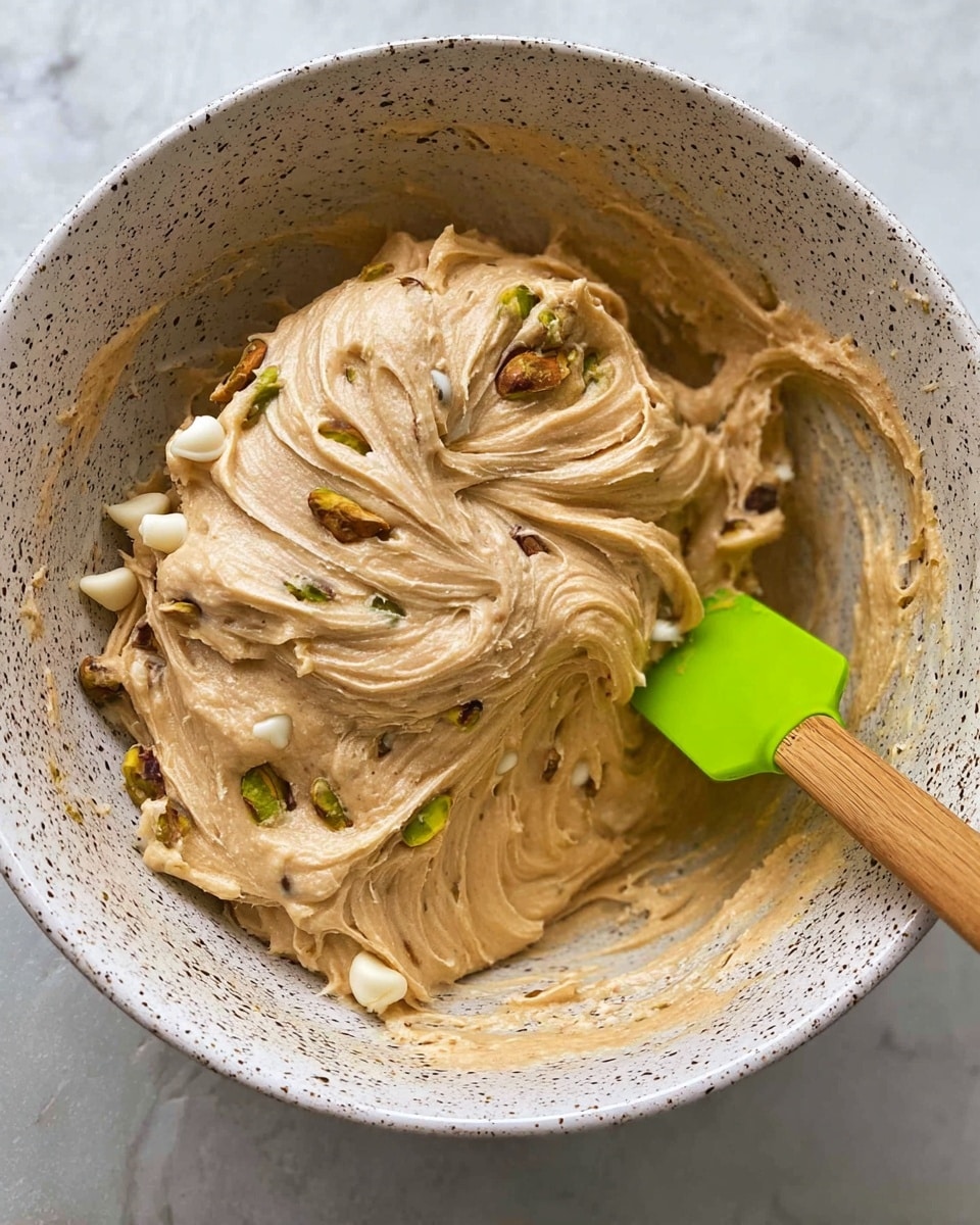 In a white bowl with dark speckles, there is a thick, creamy light brown dough mixed with white chocolate chips and whole pistachios. The dough has a smooth, whipped texture with swirls showing it was recently stirred. A bright green silicone spatula with a wooden handle is partially embedded in the dough, with some dough sticking on it. The bowl sits on a white marbled surface. photo taken with an iphone --ar 4:5 --v 7