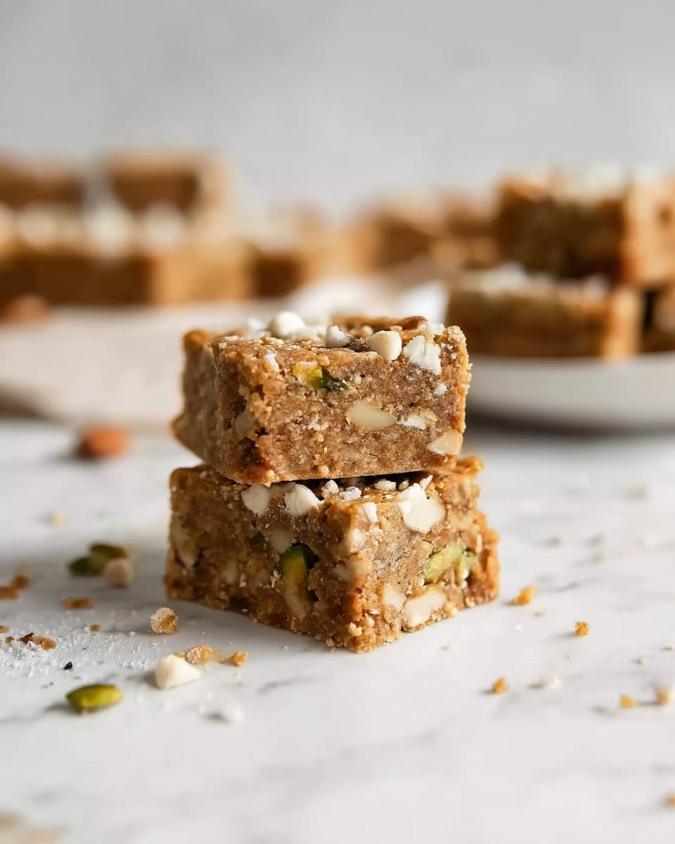 The image shows two square bars stacked on top of each other, each with a light brown color and visible chunks of white and green nuts inside. The bars have a rough, crumbly texture and are placed on a white marbled surface scattered with small crumbs. The background is softly blurred with more stacked bars visible, all on white plates. The lighting is bright and natural, adding a fresh look to the scene. photo taken with an iphone --ar 4:5 --v 7
