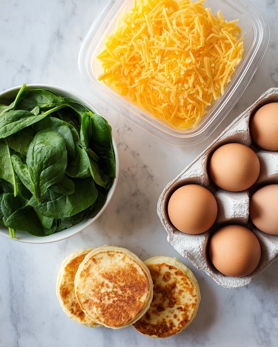 The image shows four breakfast ingredients placed on a white marbled surface: a white bowl filled with fresh green spinach leaves on the top left, a clear container full of yellow shredded cheese on the top right, a white carton holding six brown eggs on the bottom left, and three toasted English muffins with a golden brown top stacked slightly overlapping on the bottom right. The scene is simple and well-lit, capturing the textures and colors clearly. Photo taken with an iphone --ar 4:5 --v 7