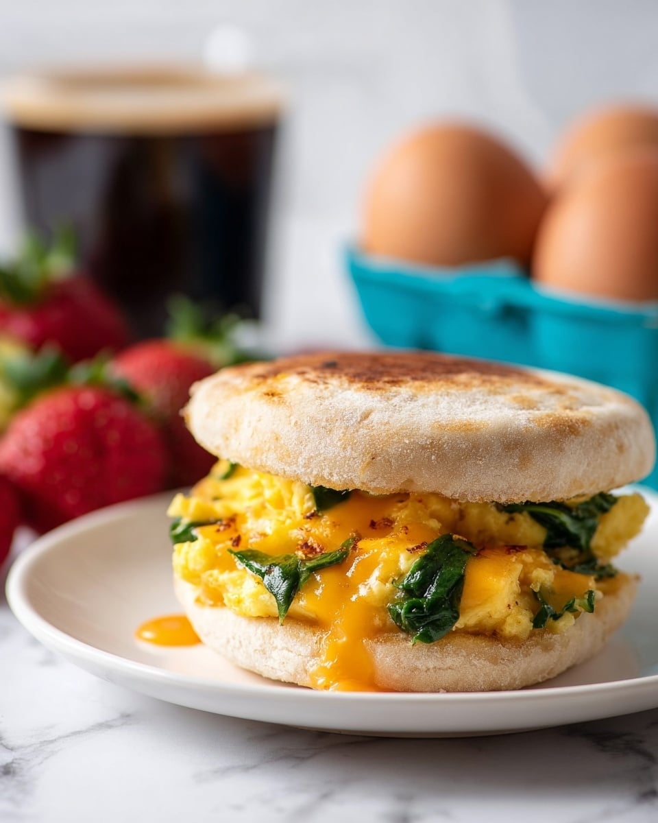 A close-up view of a breakfast sandwich on a white plate, showing two layers: the bottom layer is a toasted English muffin with a light golden-brown crust, topped by scrambled eggs mixed with slightly wilted green spinach and melted bright orange cheddar cheese that spills out between the muffin halves, which form the top layer; in the background, slightly out of focus, there are fresh red strawberries with green stems, a glass of black coffee, and a blue egg carton holding two brown eggs, all placed on a white marbled surface photo taken with an iphone --ar 4:5 --v 7