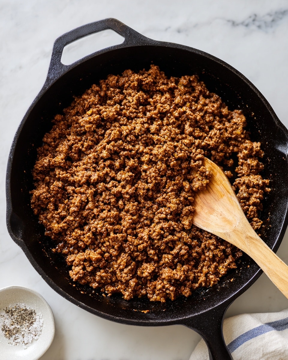 A large black cast iron skillet filled with one even layer of cooked ground meat that is brown with small bits and a slightly crumbly texture. On the right side inside the skillet, there is a wooden spoon resting partly in the meat. The skillet sits on a white marble surface, with a small white dish containing coarse salt and pepper visible near the bottom left corner. The lighting is natural, highlighting the texture of the meat. photo taken with an iphone --ar 4:5 --v 7