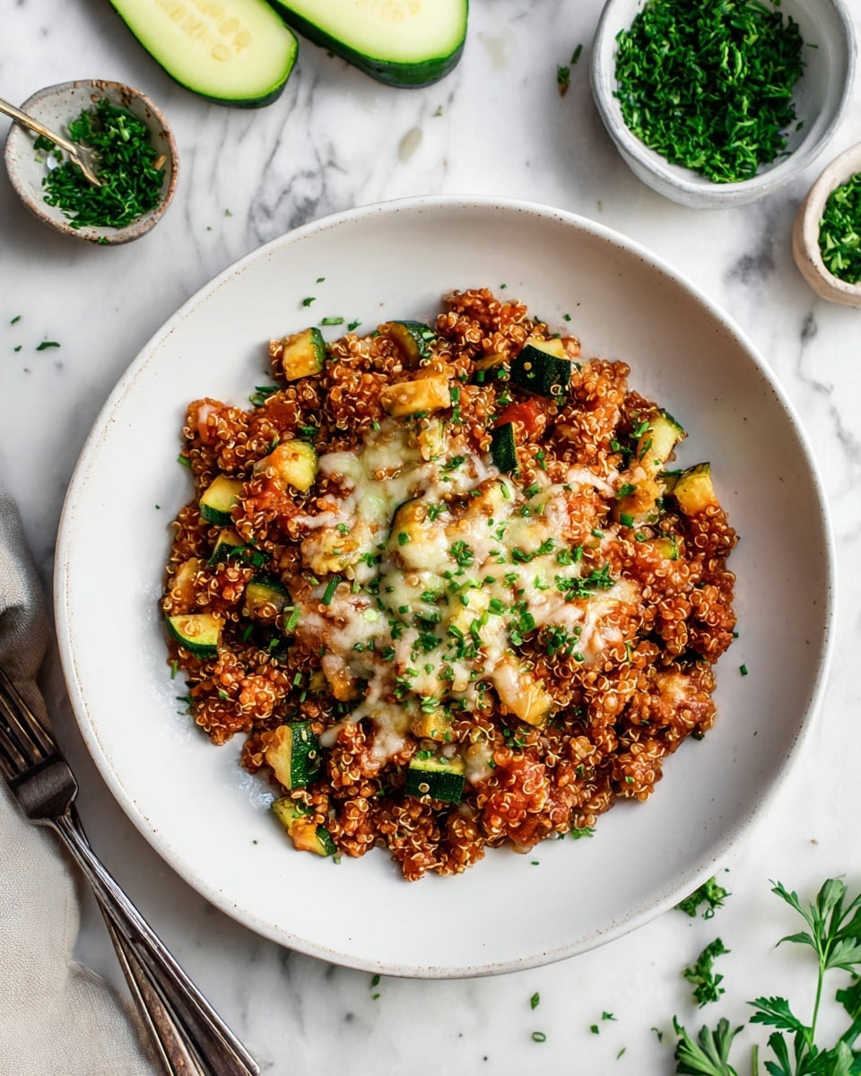 The dish shows a white plate filled with a textured mixture of cooked quinoa, browned meat, and diced zucchini pieces, all mixed with tomato sauce. On top, there is a layer of melted, lightly browned cheese scattered unevenly, with small bits of chopped green herbs sprinkled over it. The quinoa and meat form the base layer in light brown and reddish tones, interspersed with green zucchini chunks. Around the dish, small pieces of green herbs add a fresh color contrast. The plate is set on a white marbled surface, with some fresh zucchini slices and small bowls of chopped herbs nearby. photo taken with an iphone --ar 4:5 --v 7
