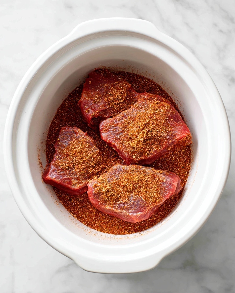 Inside a white slow cooker, there are three large pieces of raw meat placed flat and overlapping slightly. Each piece is covered evenly with a reddish-brown dry spice mix that looks powdery and textured. The slow cooker has smooth, plain white walls, and it sits on a white marbled surface that gives a clean and light background. The light from above makes the spices and meat look warm and slightly matte. photo taken with an iphone --ar 4:5 --v 7