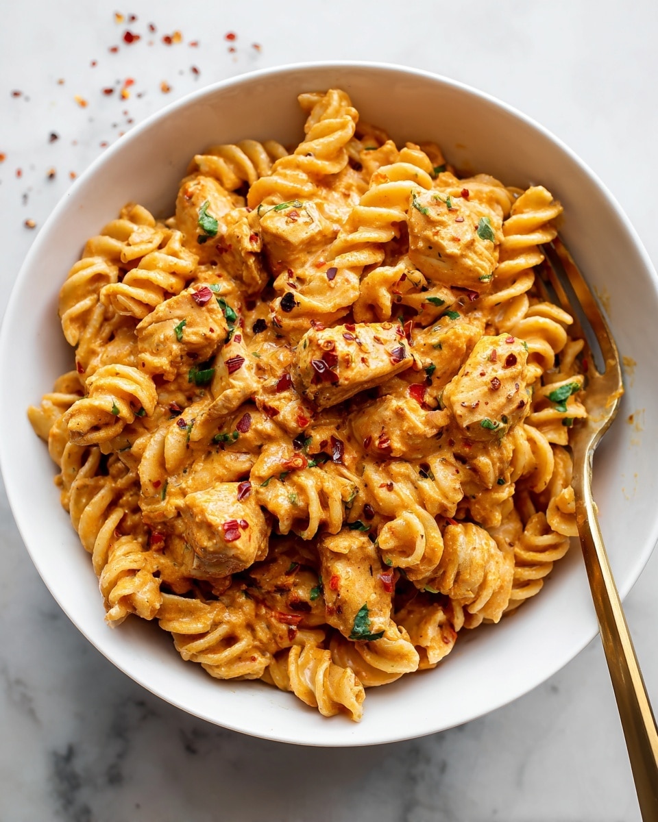 A white bowl filled with twisted pasta coated in a thick, creamy orange sauce, mixed with chunks of cooked chicken that have a slightly browned texture. Small flecks of green herbs and bits of red bell pepper are scattered throughout the pasta. A gold fork rests inside the bowl near the top right edge, with its handle extending out. The bowl sits on a white marbled surface with some red chili flakes sprinkled around it. Photo taken with an iphone --ar 4:5 --v 7