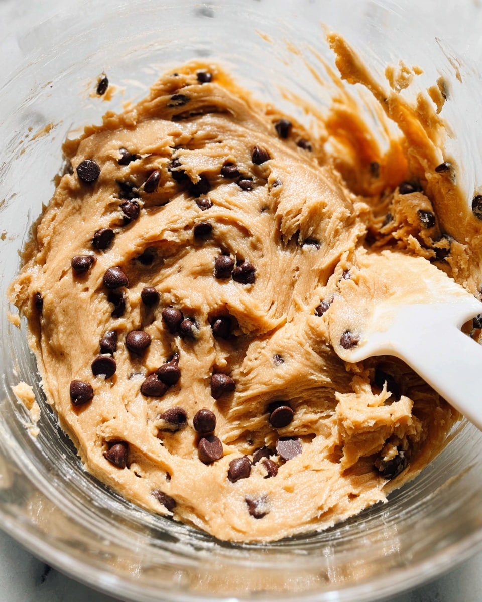 The image shows a close-up of thick cookie dough mixed with dark chocolate chips scattered throughout. The dough is smooth and light brown, with visible creamy texture and some shiny spots. A white silicone spatula partly covered with dough rests on the right side of the bowl. The mixture sits in a clear glass bowl, placed on a white marbled surface. The scene is lit warmly, highlighting the dough’s soft, creamy consistency. Photo taken with an iphone --ar 4:5 --v 7