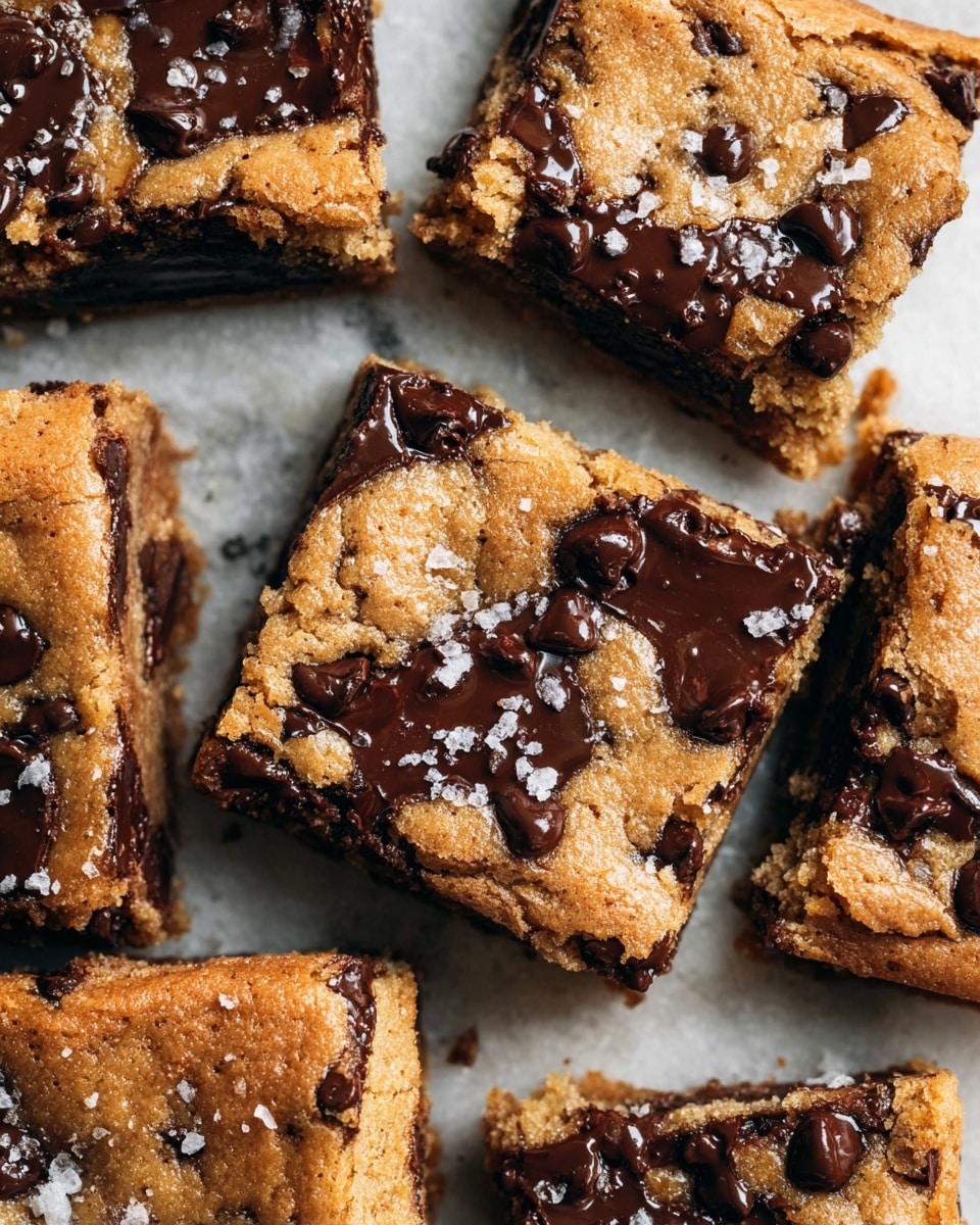 The image shows several thick, square pieces of golden brown blondie bars, each topped with melted dark chocolate chips and a light sprinkle of coarse sea salt. The blondies have a slightly cracked, soft yet firm texture with rich chocolate melting visibly on the top and edges. The bars are arranged closely together on a white marbled surface, showing different angles and edges that reveal a moist, dense inside layer full of chocolate chips. Photo taken with an iphone --ar 4:5 --v 7