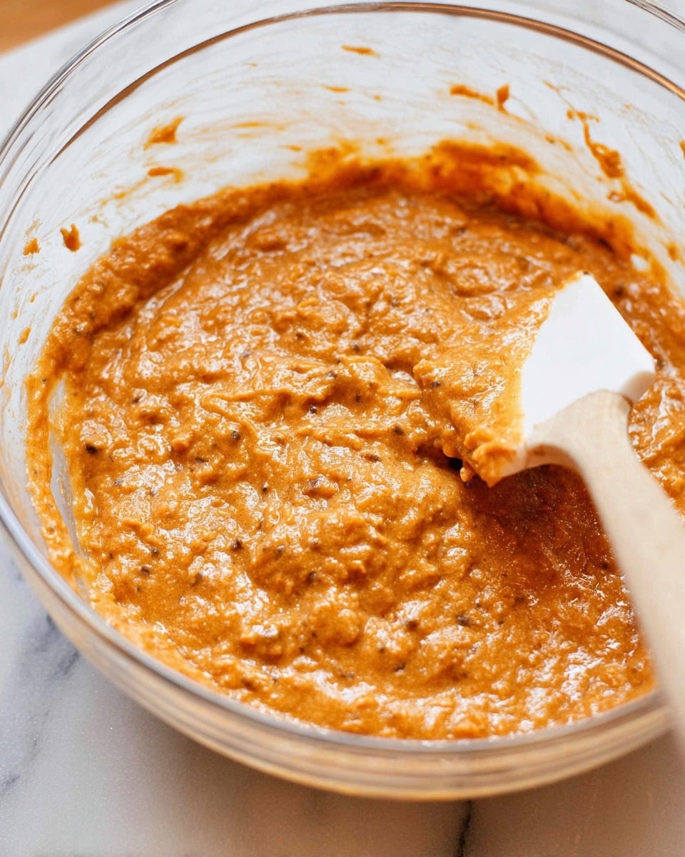 A clear glass bowl filled with a thick, textured orange batter that shows bits of darker brown speckles and small lumps, giving a chunky yet moist appearance; the batter reaches about three-quarters up the bowl’s side. A white spatula with a wooden handle stirs the batter gently from the right side, its edge coated with the same orange mixture. The close-up shot captures the batter’s glossy and slightly sticky texture in detail, set against a white marbled surface. Photo taken with an iphone --ar 4:5 --v 7