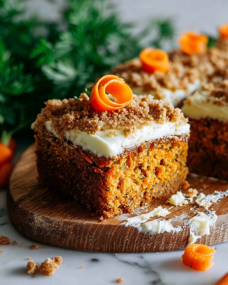 The image shows a close-up of a square piece of carrot cake with two layers; the bottom layer is a dense, moist, orange-brown carrot cake with visible carrot bits, and the top layer is creamy white frosting covered with a crumbly brown streusel-like topping. On top of the frosting, there are thin orange carrot curls placed decoratively. The cake sits on a round wooden board with some white frosting and crumbs spilled on it. The background features a soft focus of green leaves against a white marbled surface, creating a fresh contrast. Photo taken with an iphone --ar 4:5 --v 7
