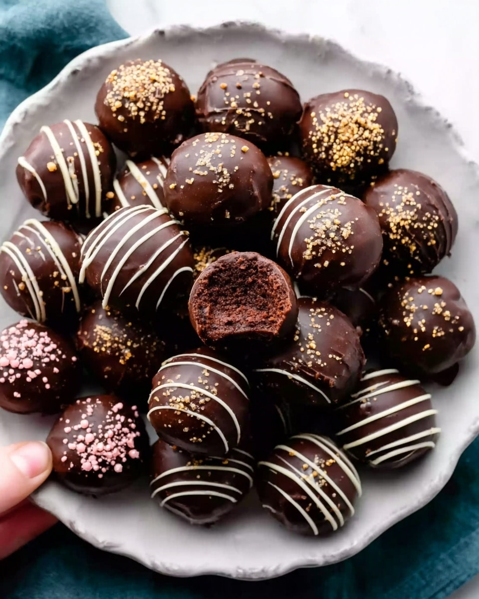 A white plate holds many round chocolate truffles piled close together. Each truffle is coated with smooth, dark chocolate, some decorated with fine lines of white chocolate drizzle in neat stripes, while others show small sprinkles of gold and pink sugar on top. One truffle near the center has a bite taken out, revealing a dense, dark brown inside with a soft texture. The plate sits on a white marbled surface, and a woman's hand is gently holding one truffle at the edge. photo taken with an iphone --ar 4:5 --v 7