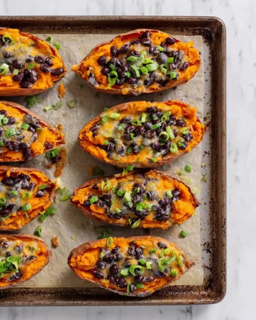 Sweet Potato Skins with Black Beans, Spinach, and Cheese Recipe