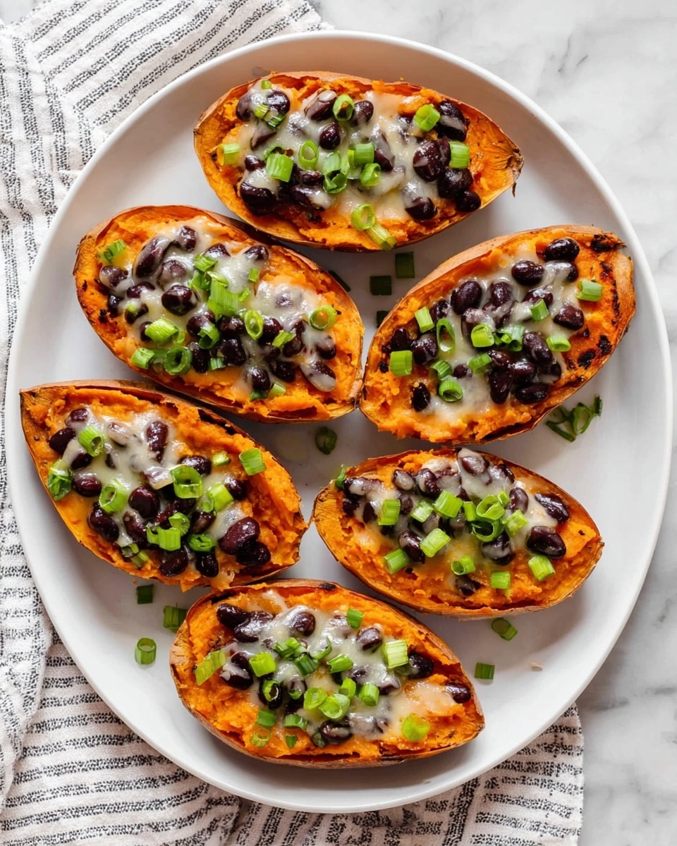 Six orange sweet potato halves are arranged on a white plate, each filled with a smooth layer of mashed sweet potato topped with a scattered layer of black beans. Over the beans, there is a light layer of melted cheese with a slight shine, and chopped green onions are sprinkled on top, adding a fresh green color. The texture of the sweet potato looks soft and slightly fluffy, while the black beans give a firm contrast. The plate sits on a white marbled surface with a soft striped cloth partly visible underneath. photo taken with an iphone --ar 4:5 --v 7