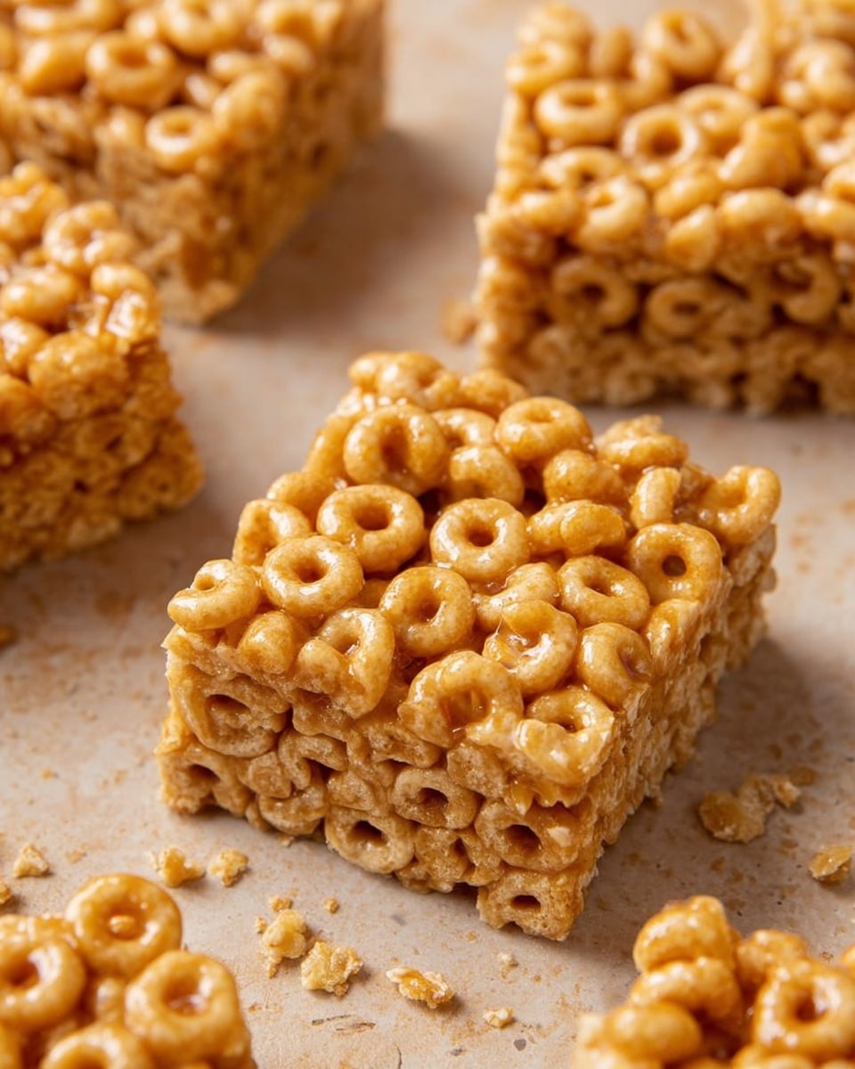 The image shows several square cereal bars made from round, honey-colored cereal loops stuck together with a sticky, shiny layer of syrup. Each bar is about two layers thick, with tightly packed cereal loops on top and another dense layer of the same loops visible underneath. The texture looks crunchy and glossy, with small bits of cereal crumbs scattered around the bars on a surface with a light brown tone, which has been changed to a white marbled texture. photo taken with an iphone --ar 4:5 --v 7