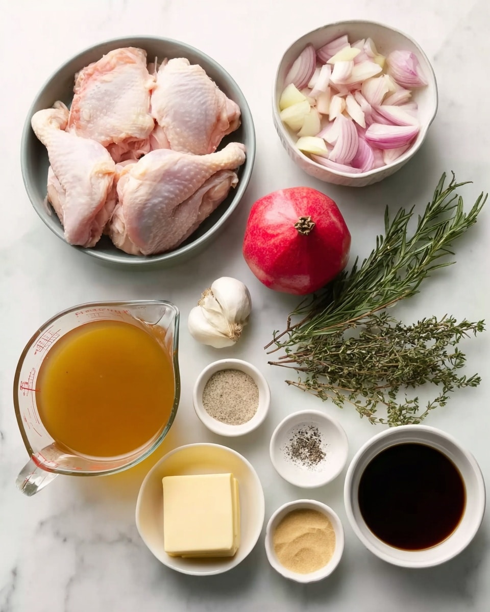 The image shows ingredients arranged neatly on a white marbled surface for making a dish. There are three raw chicken pieces with skin on, placed in a gray bowl at the top left. To the right, a white bowl holds chopped shallots with pale purple and white layers. Below the chicken, there is a bright red pomegranate with smooth skin beside green sprigs of rosemary and thyme. Close to the center, three garlic cloves sit next to a small white dish with black pepper and salt, and another white dish with light brown mustard paste. Below these, another white dish holds a pale yellow square of butter, while a small white bowl contains a dark liquid sauce. At the bottom left, a glass measuring jug is filled with golden-brown broth. The whole setup is clean and fresh, with ingredients clearly visible and colors contrasting against the white marbled background. Photo taken with an iphone --ar 4:5 --v 7