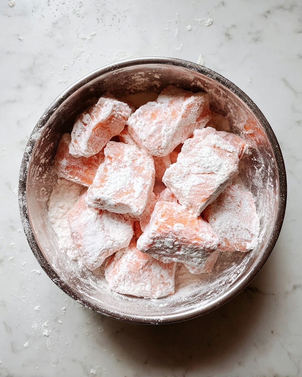 A metal bowl filled with several pieces of orange-pink food chunks covered in white flour dust. The chunks have uneven shapes and soft texture, with flour coating both the pieces and the sides of the bowl. The bowl sits on a white marbled surface that adds a clean background contrast. photo taken with an iphone --ar 4:5 --v 7