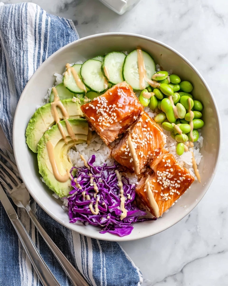 A white bowl filled with evenly spread white rice at the bottom forms the first layer. On top, there are five orange glazed pieces of salmon sprinkled with white sesame seeds, arranged mainly on the right side of the bowl. On the left side, there are three slices of light green avocado neatly placed, next to three circular green cucumber slices. Above the cucumbers is a small pile of thinly sliced purple cabbage, and next to that a cluster of bright green edamame beans. The entire bowl is drizzled with a light brown sauce in thin lines. The bowl sits on a white marbled surface with a silver fork on the bottom left corner and a blue and white striped cloth. Photo taken with an iphone --ar 4:5 --v 7