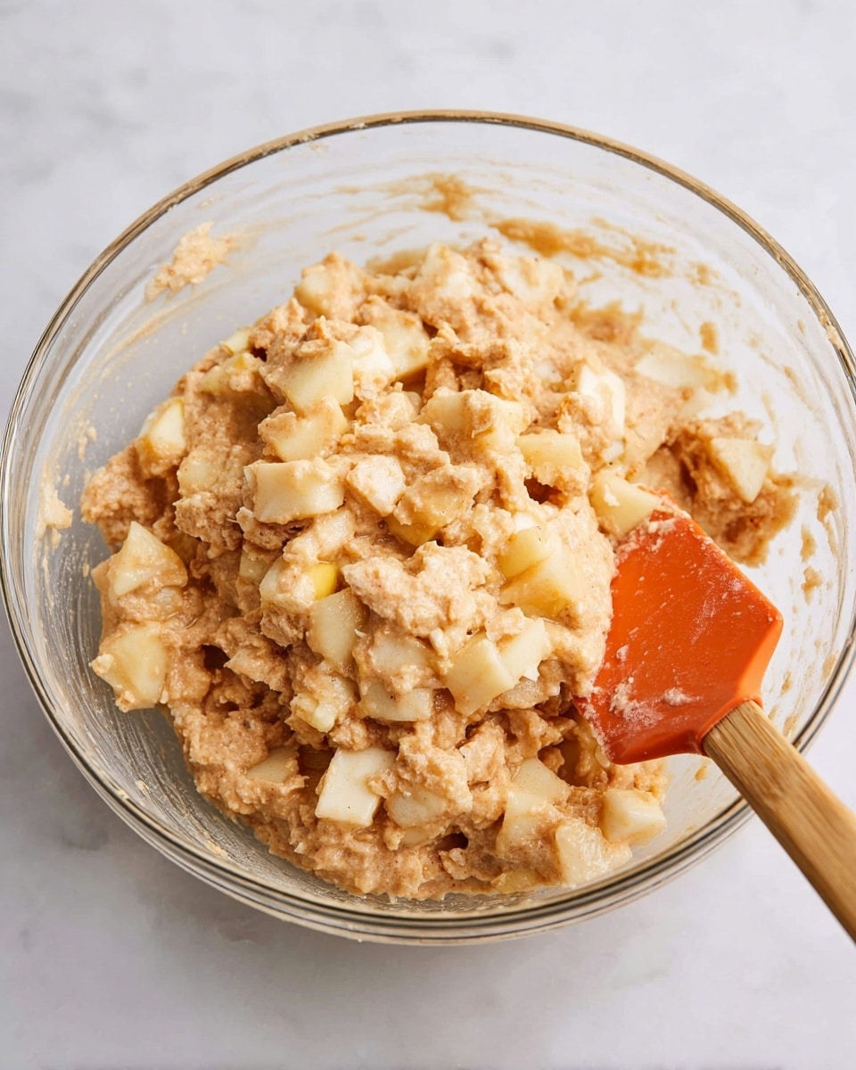 A clear glass bowl sits on a white marbled surface, filled with a thick mix of small pale yellow apple chunks coated in a light brown batter. An orange silicone spatula with a wooden handle rests in the mixture on the right side of the bowl, partially covered with batter. The batter looks creamy with a slightly grainy texture, and the apple pieces are scattered throughout, creating a chunky appearance. Photo taken with an iphone --ar 4:5 --v 7