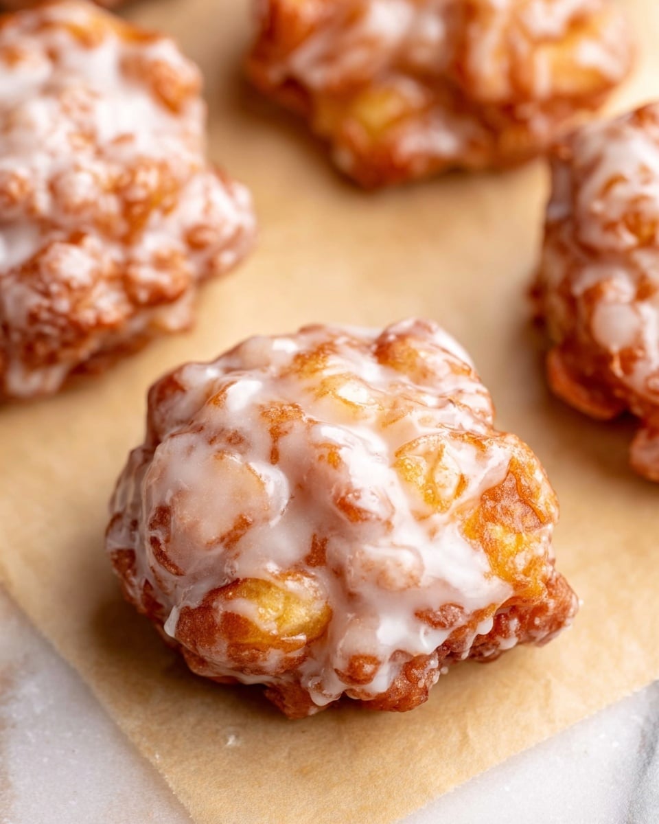 The image shows several small, round apple fritters with an uneven texture, each covered in a shiny, white glaze that coats the top and drips slightly down the rough sides. The fritters have a golden-brown color with visible chunks of apple giving them a bumpy, irregular surface. They are placed closely together on a light tan parchment paper, which sits on a white marbled surface. The focus is on one fritter near the center, while the others are softly blurred in the background. photo taken with an iphone --ar 4:5 --v 7