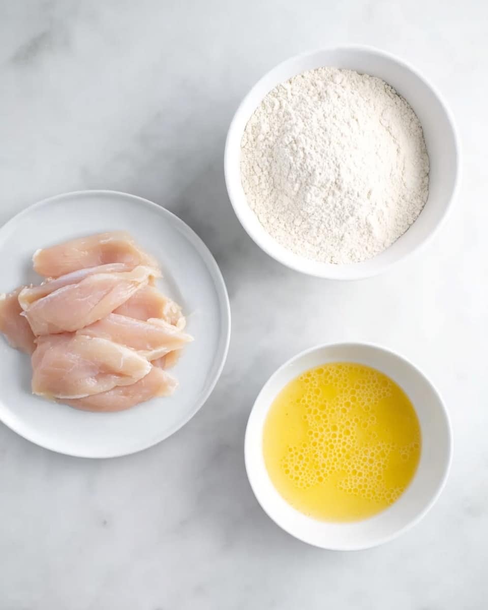 The image shows three separate white plates and bowls arranged on a white marbled surface. On the left is a white plate with thin, pale pink raw chicken slices neatly placed on it. Above this plate is a large white bowl filled with white flour. To the right is a smaller white bowl containing a beaten yellow egg mixture with small bubbles on the surface. Photo taken with an iphone --ar 4:5 --v 7