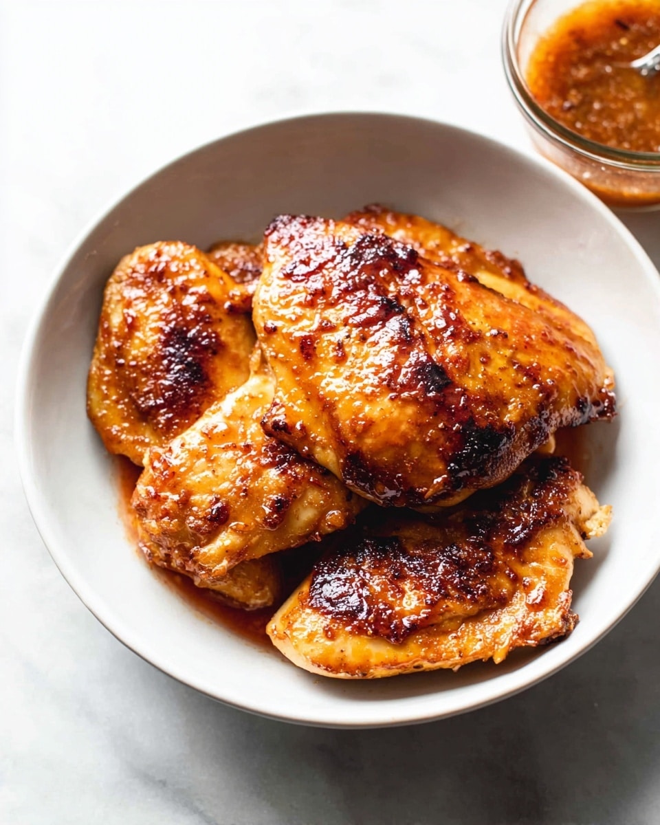 A white bowl holds four pieces of cooked, golden brown chicken laid in a slightly overlapping way. The chicken has a shiny glaze giving it a moist and tender look with some darker charred spots showing a crisp texture. To the side of the bowl, there is a small glass container partially visible, holding sauce or glaze with a rich dark orange-brown color. The bowl is placed on a white marbled surface. Photo taken with an iphone --ar 4:5 --v 7