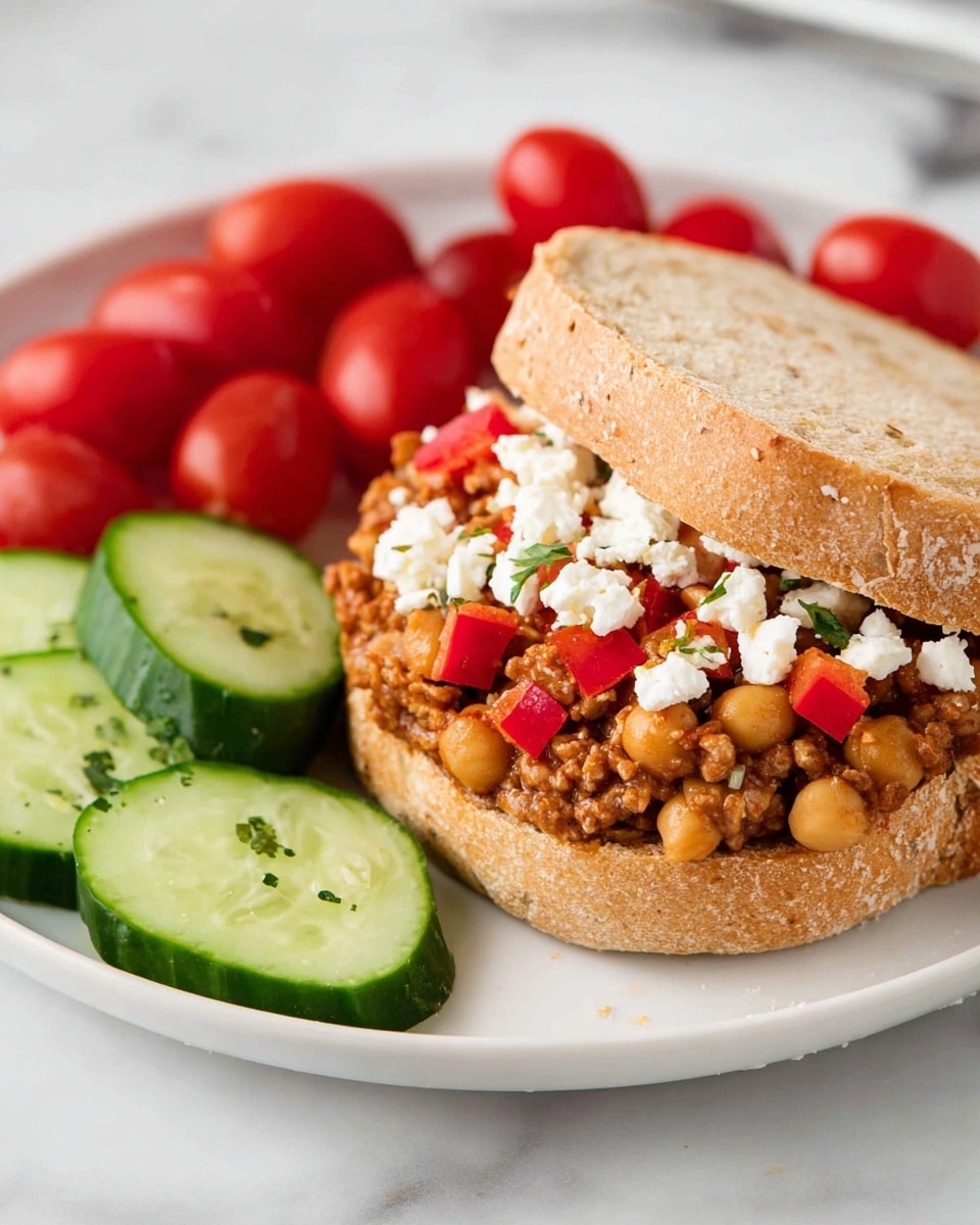The image shows a white plate with a sandwich and fresh vegetables. The sandwich has two layers of light brown bread with a rough texture. Inside the sandwich, there is a thick layer of cooked chickpeas and ground meat with small pieces of red bell pepper, topped with crumbled white cheese. On the left side of the sandwich, there are two rows of sliced cucumber with green skin and sprinkled with small green herbs. Behind the sandwich, there is a pile of small, shiny red grape tomatoes. The plate is set on a white marbled surface. photo taken with an iphone --ar 4:5 --v 7