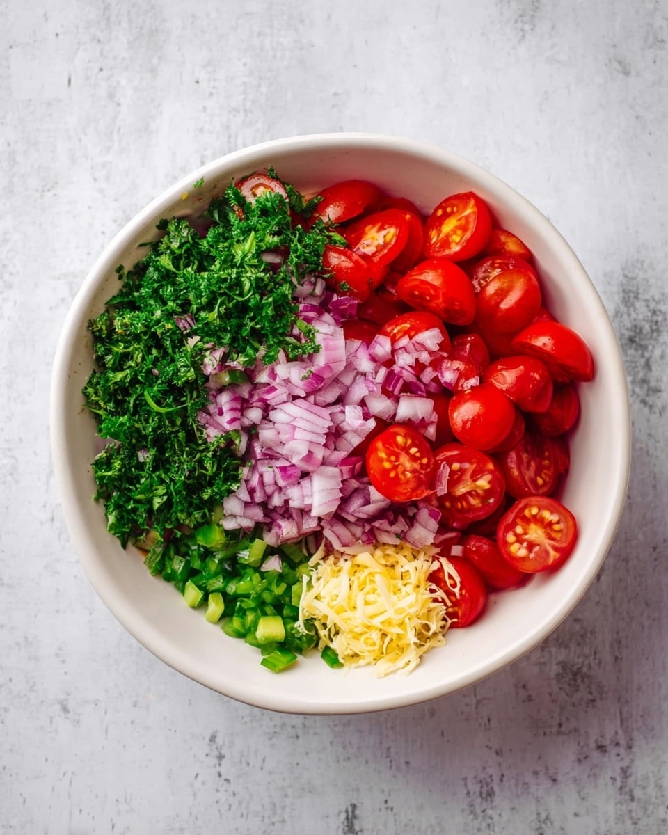 A white bowl sits on a white marbled surface, filled with six visible sections of fresh ingredients arranged neatly. One section has bright red cherry tomato halves placed on the right side, showing their shiny, smooth texture. Above the cherry tomatoes, there is a pile of finely chopped red onions, light purple in color with a slightly translucent look. To the left of the onions, fresh green herbs form a dense, leafy patch. Below the herbs, there are small, bright green diced pieces of another vegetable. In the middle of the bowl, a small pile of pale yellow shredded ingredient is placed, contrasting with the surrounding vibrant colors. photo taken with an iphone --ar 4:5 --v 7