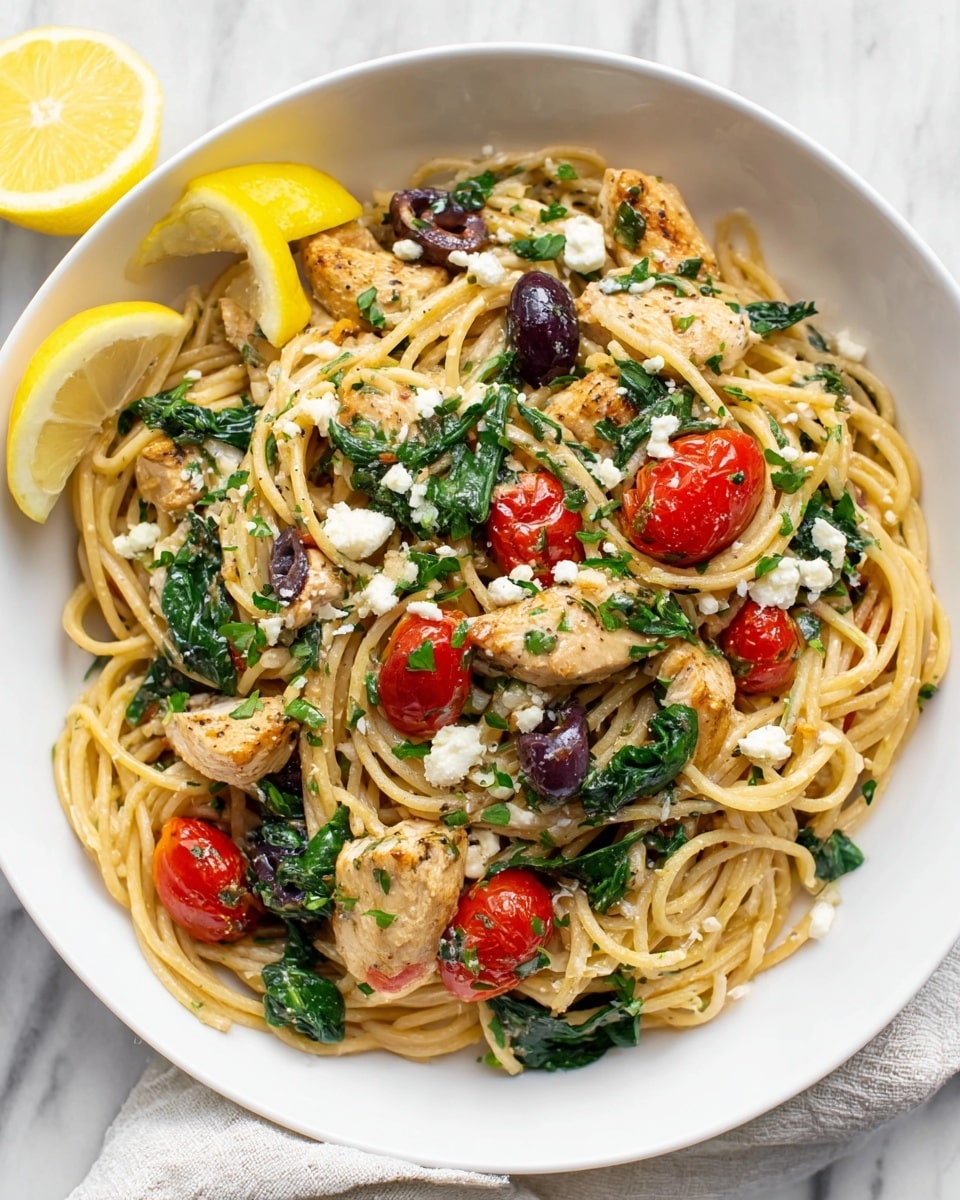 A white bowl filled with light golden spaghetti noodles mixed with pieces of golden brown chicken, bright red cherry tomatoes, dark purple olives, and fresh dark green spinach leaves. Small white chunks of feta cheese are scattered throughout, with finely chopped green herbs sprinkled on top. A yellow lemon wedge sits on the edge of the bowl. The bowl is placed on a white marbled surface with a soft cloth nearby. Photo taken with an iphone --ar 4:5 --v 7