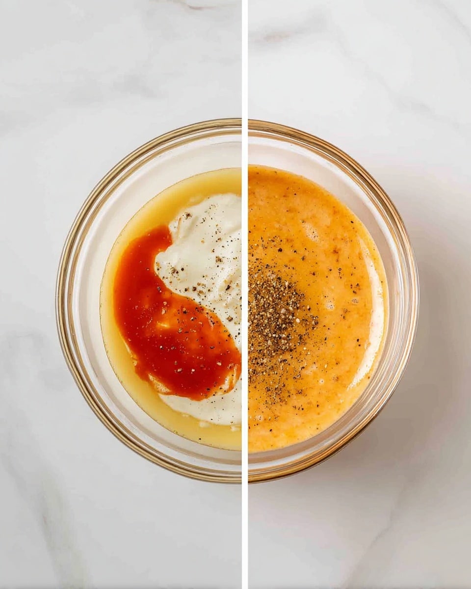 A clear glass bowl on a white marbled surface holds a sauce made of several layers; at the bottom is a light yellow layer which seems to be smooth, then on top there is a white creamy layer partly covering the yellow one, a splash of red sauce placed on one side, and sprinkled black pepper covering part of the white layer. The next image shows the same clear glass bowl on the white marbled surface with the sauce mixed into a smooth, light orange color with tiny black pepper specks evenly spread throughout the sauce. photo taken with an iphone --ar 4:5 --v 7