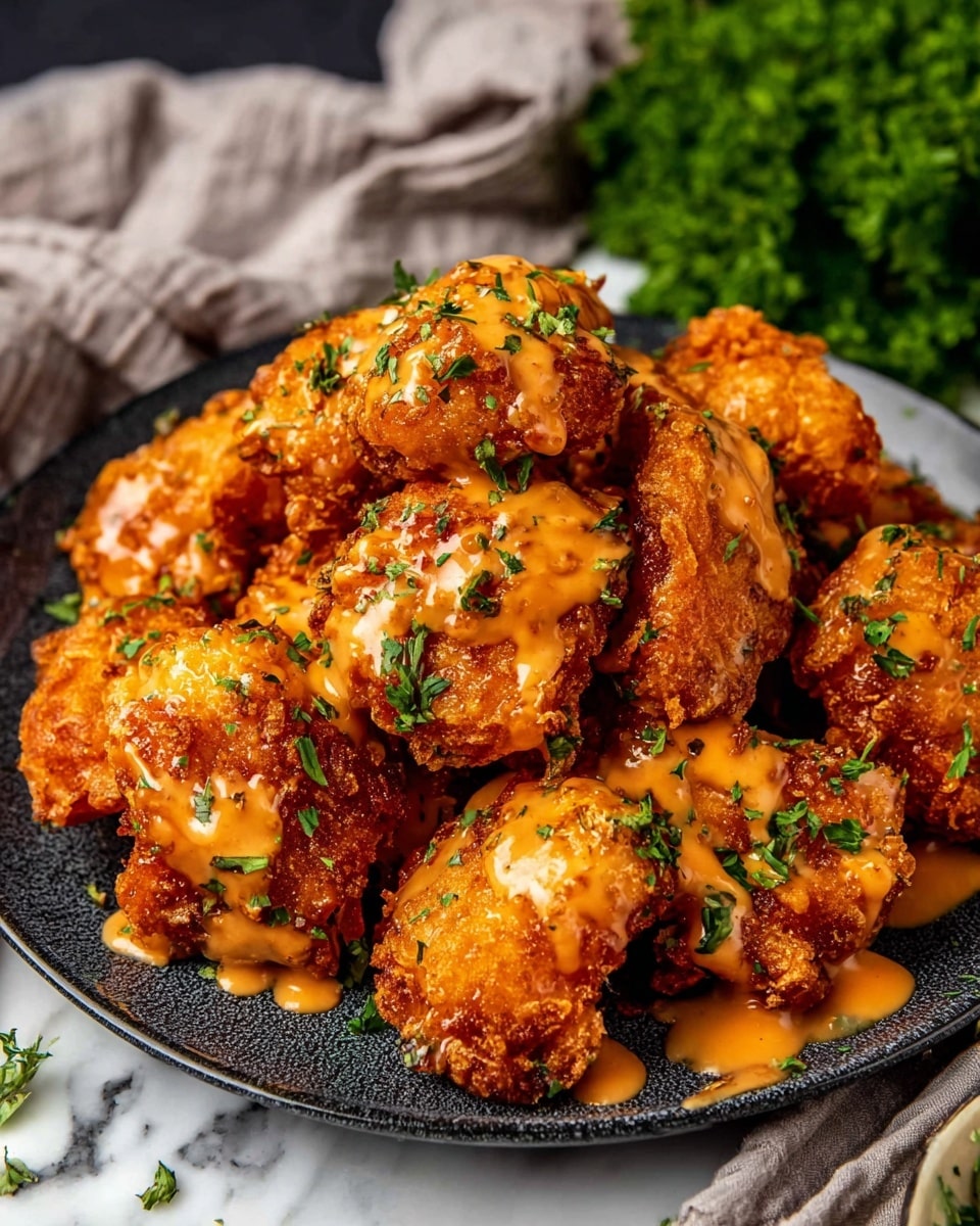 A round dark plate filled with many pieces of crispy, golden brown fried chicken. Each piece is coated with an orange creamy sauce that drips slightly, giving a shiny look. Small green herb leaves are sprinkled over the chicken for contrast. The plate sits on a white marbled texture surface. In the background, a bunch of fresh green herbs and a light gray cloth are softly blurred. Photo taken with an iphone --ar 4:5 --v 7